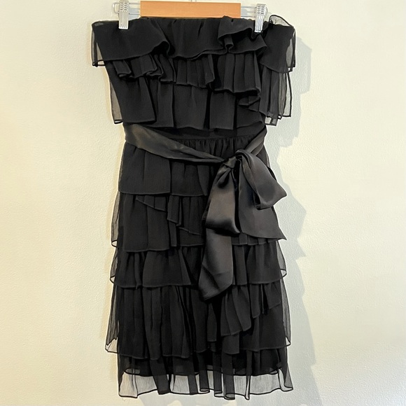 J.Crew Black Silk Strapless Tiered Ruffled Mini Dress with Bow, Size 0 EUC - Picture 2 of 7
